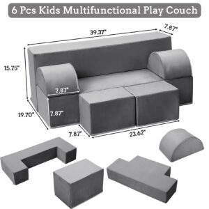 GarveeHome Kids Play Couch, 6Pcs Modular Kids Play Sofa for Playroom Bedroom, Kids Modular Couch Toddler Foam Sofa, Kids Convertible Sofa with Removable Cover, Dark Grey