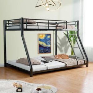 cyranture bunk bed twin over full size, twin over full bunk beds with ladder & guardrail heavy duty bunk beds frame for teens adults dorm bedroom guest room, no box spring needed, black