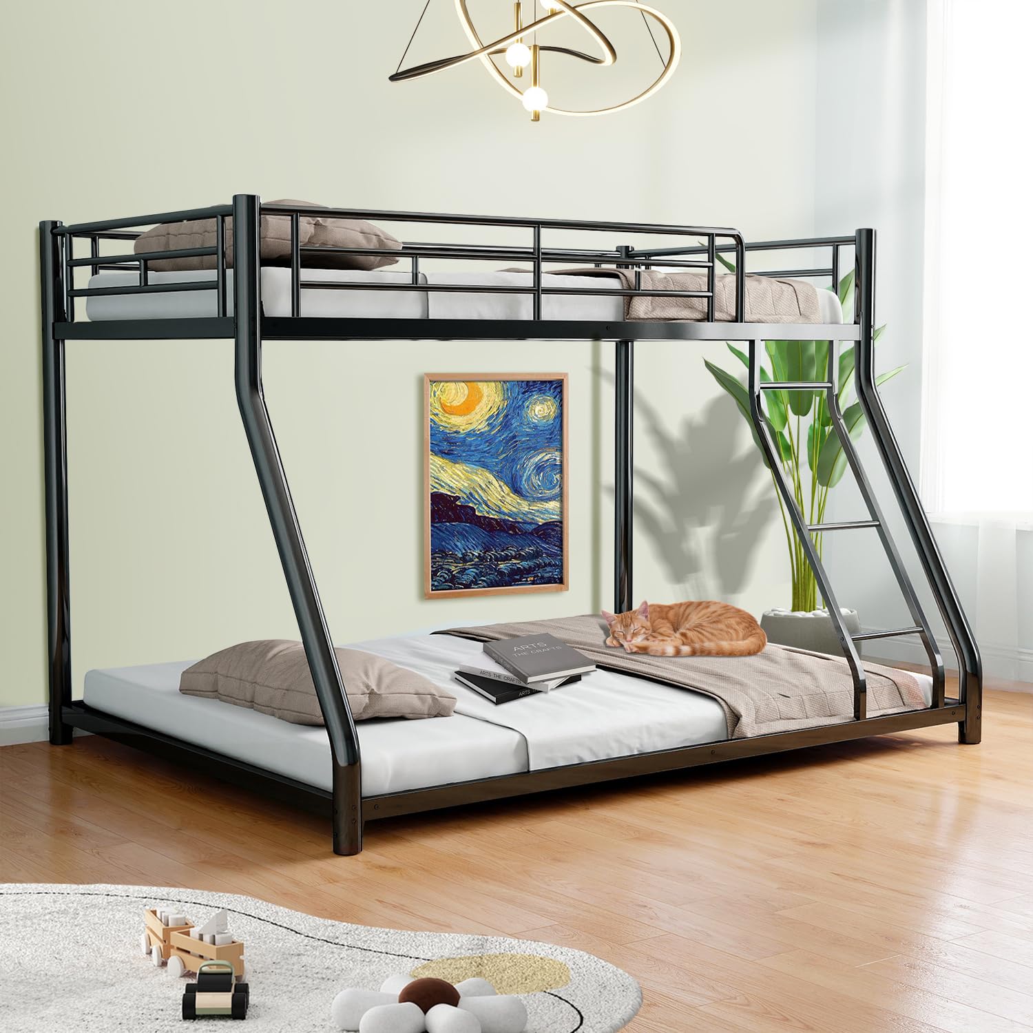 Cyranture Bunk Bed Twin Over Full Size, Twin Over Full Bunk Beds with Ladder & Guardrail Heavy Duty Bunk Beds Frame for Teens Adults Dorm Bedroom Guest Room, No Box Spring Needed, Black