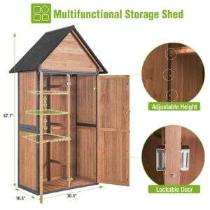 GUTINNEEN Outdoor Storage Shed with All Around Strong Metal Frame, Garden Tool Sheds Cabinet with Floor & Adjustable Shelves, Wooden Tool House for Backyard Garden Patio Lawn (Brown)