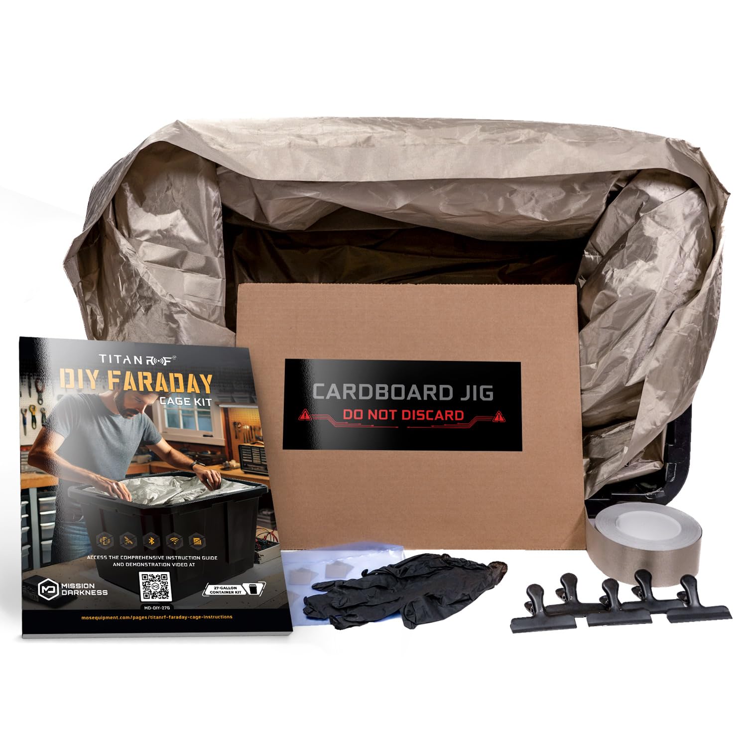 Mission Darkness TitanRF DIY Faraday Cage Kit // Build a Military-Grade Signal Blocking Container Liner with Included Faraday Fabric, Tape, Instructions & Accessories // Fits Inside 27-Gallon Tote