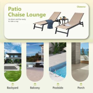 Olaterior Outdoor Chaise Lounge Set, Aluminum Patio Lounge Chair with Wheels, Textilene Lounge Chair for Outside, 5 Positions Adjustable Recliner, Sunbathing Lounger for Porch, Lawn, Pool, Khaki