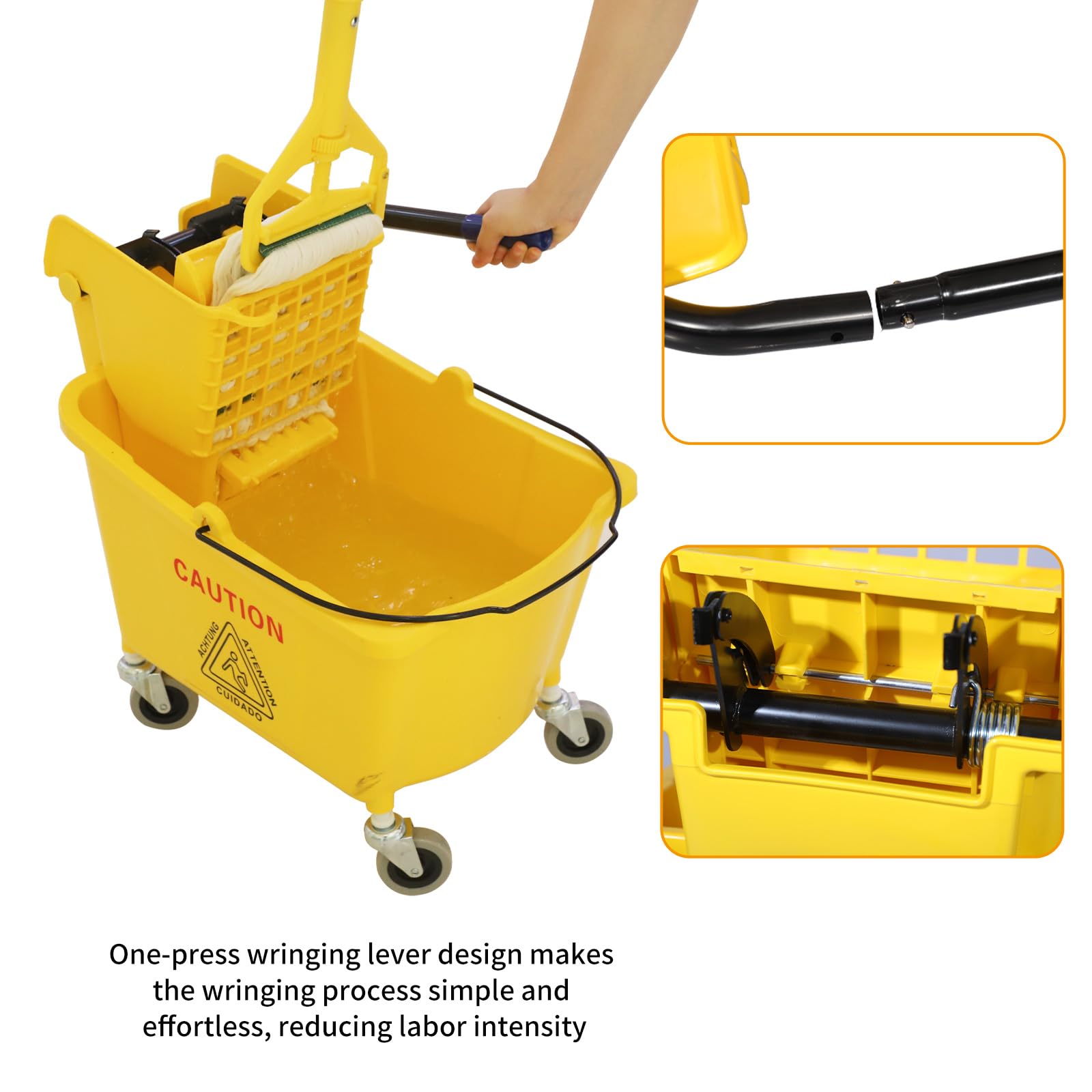 Commercial Mop Bucket with Side-Press Wringer for Floor Cleaning, Restaurants, Offices, and Janitorial Use, 35 Quarts, Yellow,Including One Commercial Mop