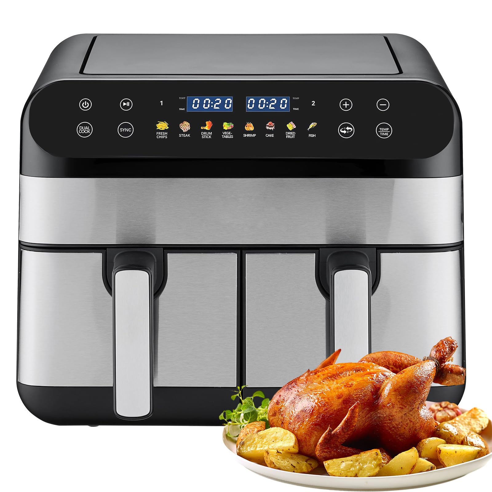 Jacgood Double Air Fryer, 9.5QT With 2 Independent Baskets, Dual Zone Air Fryer, Family Size Healthy Oil-free Air Fryer Oven, with 10 Presets to Bake,Roast,Broil,Dehydrate & More for Quick,Easy Meals