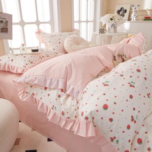 MKXI Strawberry Comforter Set Queen Size Pink White Floral Comforters Kawaii Fruits Artistic Bedding Set Princess Bed Comforter with Ruffles Girls Pink Flowers Bedding Comforter Duvet Set