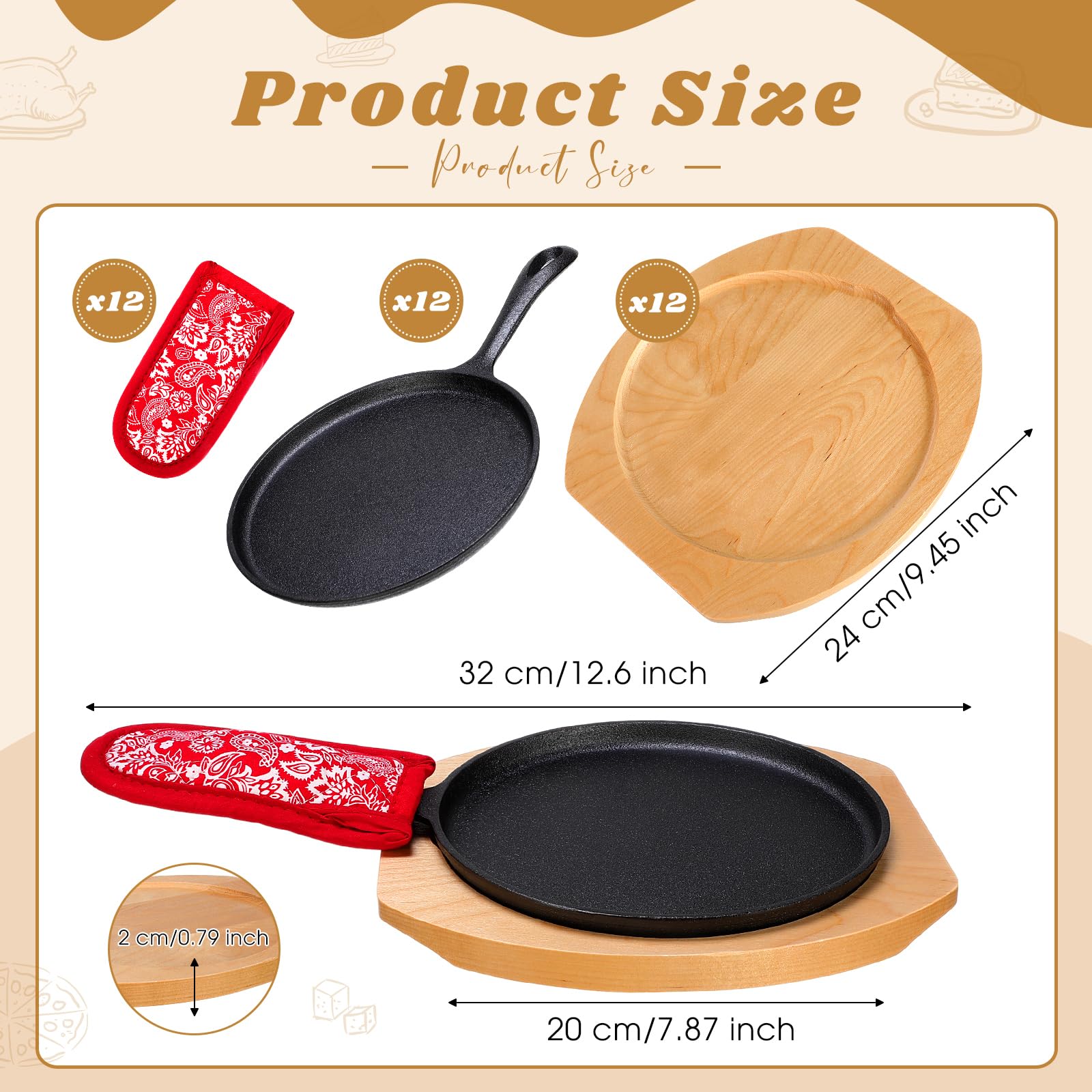 Mimorou 12 Sets Cast Iron Skillet Round Fajita Pan 7.87 Inch Fajita Plate Sizzler Pan with Wooden Base and Anti Scald Protection Hot Mitt for Kitchen BBQ Home Party Restaurant Catering Service