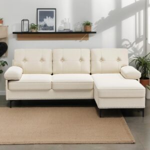 puremind 85 inches l shaped sectional sofa with reversible chaise, convertible small sectional sofas couch, velvet beige 4 seater l shaped couch for living room