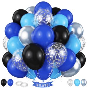 blue black balloons 60 pcs royal blue black and metallic silver confetti balloons 12 inch video game outer space balloon for boys men boss graduation retirement baby shower birthday party decorations