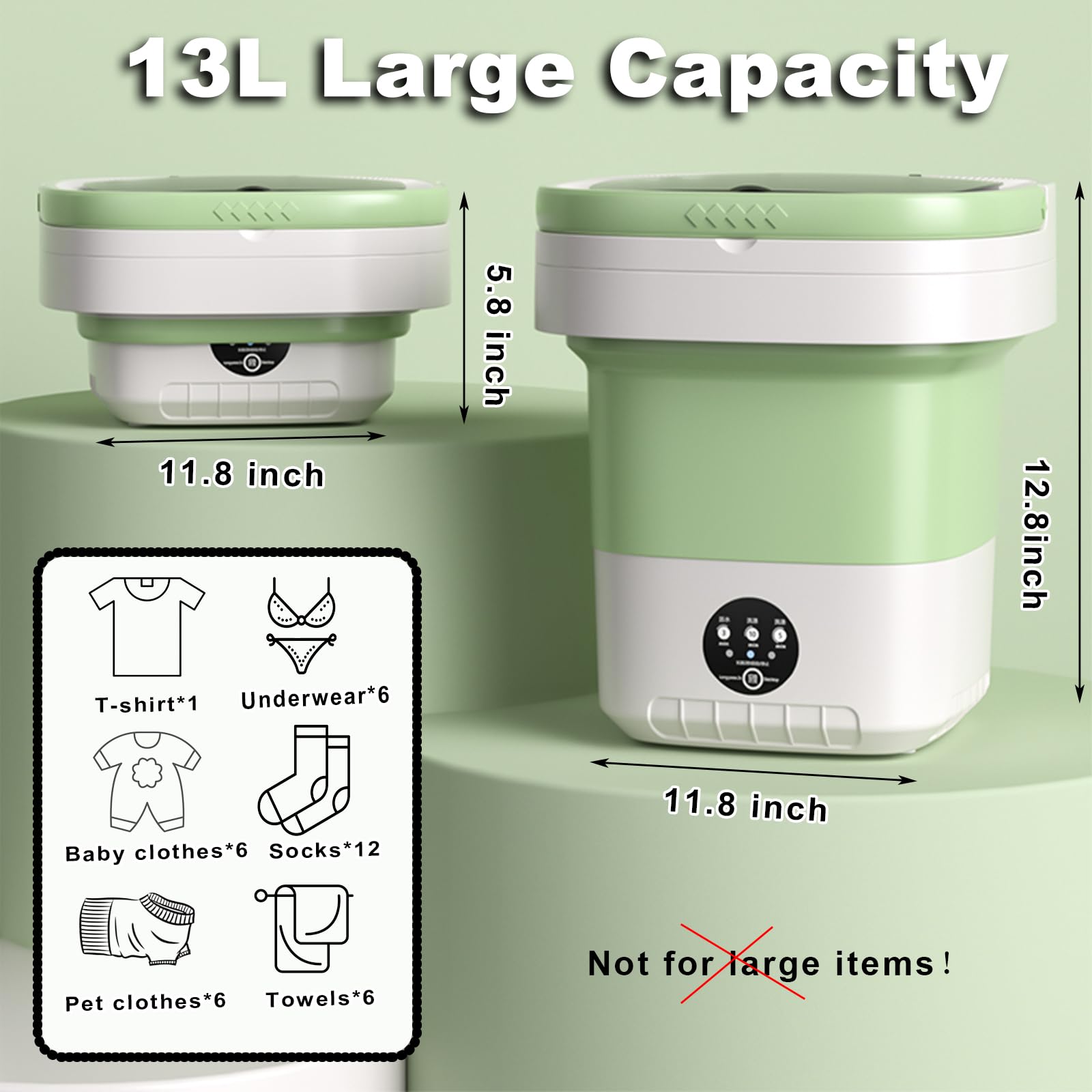 Portable Washing Machine,15L Foldable Mini Washer with Basket Spin,Compact Washer and Dryer with 3 Cleaning Modes for Underwear (Green)