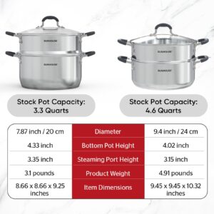 SUNHOUSE 3.3 Quart Steamer Pots With Lid 2-Tier Multipurpose Stainless Steel Steaming Pot Cookware For Vegetable, Dumpling, Sauce, Food - Triple Bottom, Measurement Line