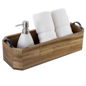 mygift bathroom caddy tray natural acacia wood toiletries storage bin and toilet paper holder with metal handles, toilet tank/vanity countertop organizer basket