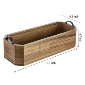 MyGift Bathroom Caddy Tray Natural Acacia Wood Toiletries Storage Bin and Toilet Paper Holder with Metal Handles, Toilet Tank/Vanity Countertop Organizer Basket