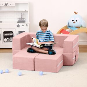 GarveeHome Kids Play Couch, 3Pcs Modular Kids Couch Toddler Couch for Playroom Bedroom Furniture, Convertible Foam Kids Play Sofa with Removable Cover, Pink