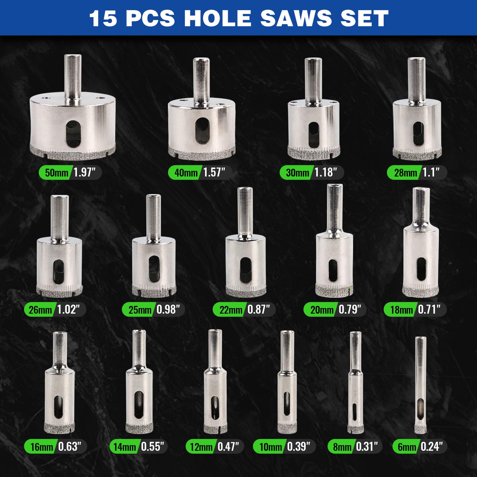 Diamond Hole Saw Kit 17PCS Drill Bits Sets with Double Suction Cups Guide Jig Fixture from 4 mm-83 mm Hollow Drill Set for Ceramic, Glass, Tile, Porcelain, Marble, Granite