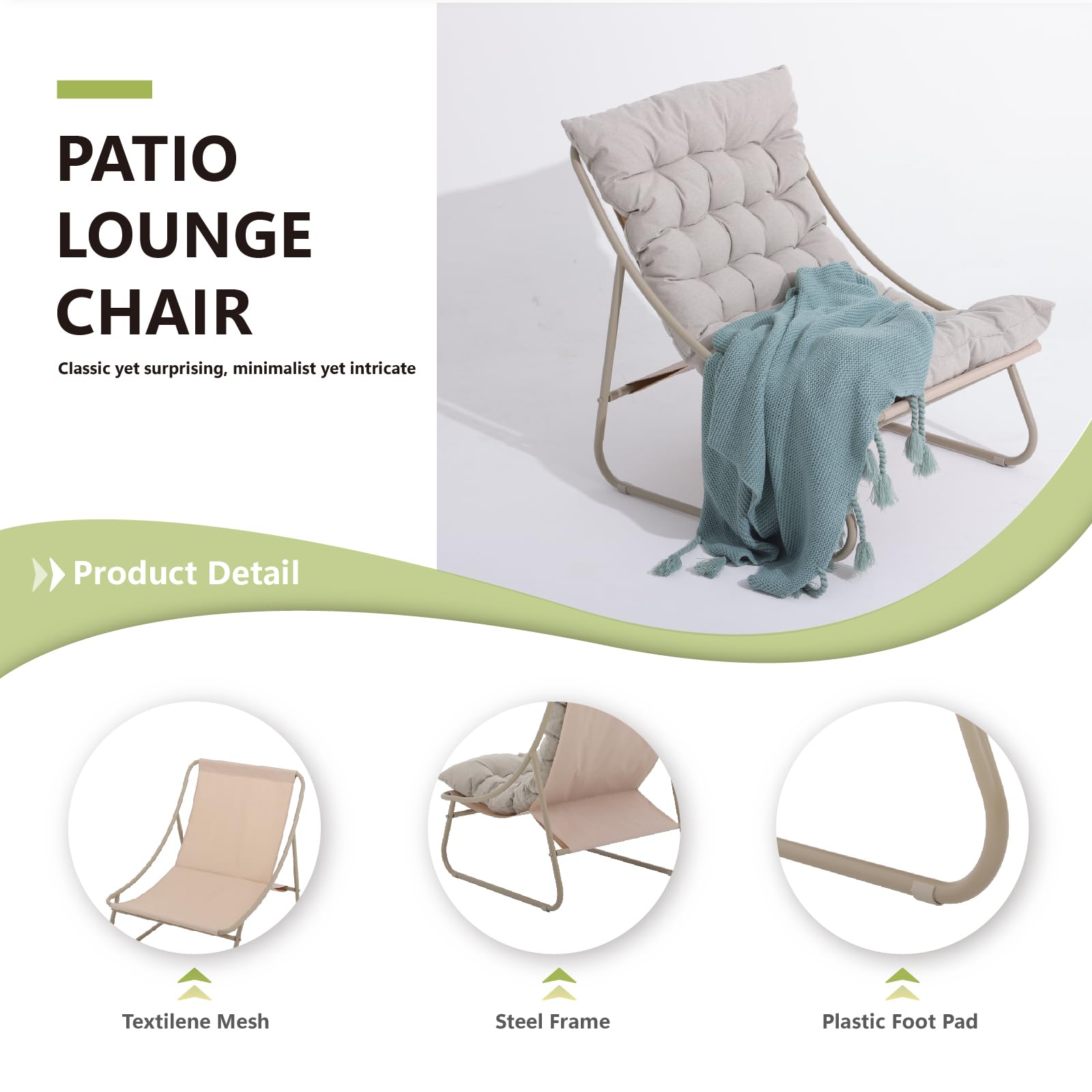 Olaterior Patio Lounge Chair, Indoor Outdoor Comfy Chair, Sling Recliner Chair with Cushion, Modern Oversized Padded Lounge Chair, Patio Furniture Chair for Balcony Porch Garden, Champagne