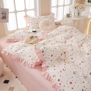 MKXI Strawberry Comforter Set Queen Size Pink White Floral Comforters Kawaii Fruits Artistic Bedding Set Princess Bed Comforter with Ruffles Girls Pink Flowers Bedding Comforter Duvet Set