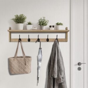 Modern 29" Wall-Mounted Coat Hooks with Shelf and 5 Double Metal Hooks for Entryway, Bedroom, Living Room, Bathroom(Natrual)