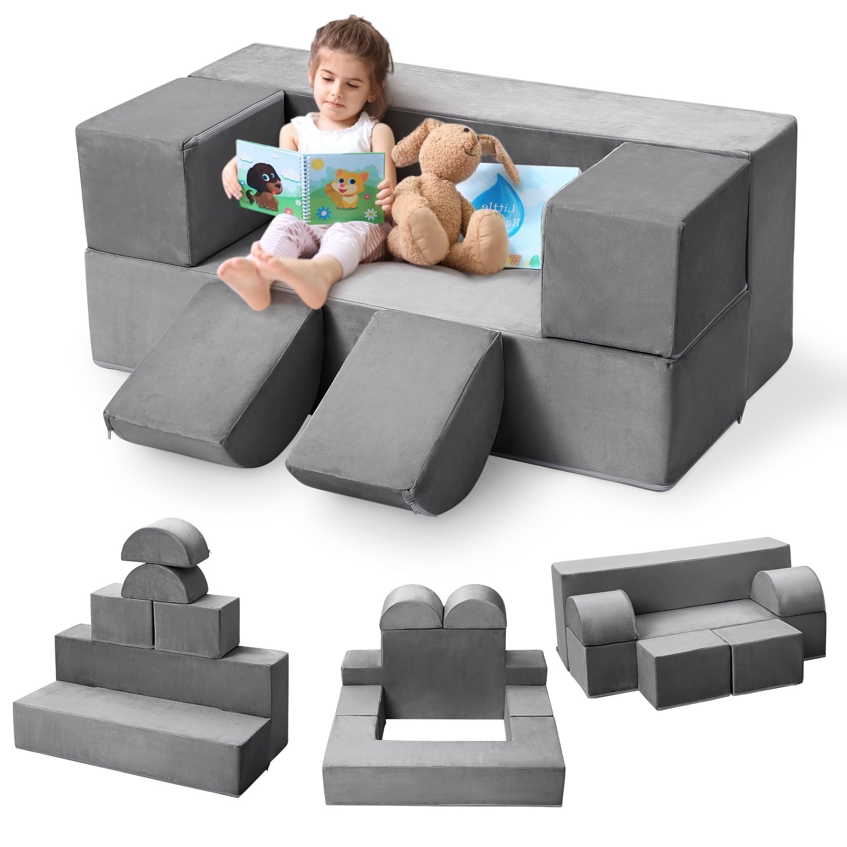 GarveeHome Kids Play Couch, 6Pcs Modular Kids Play Sofa for Playroom Bedroom, Kids Modular Couch Toddler Foam Sofa, Kids Convertible Sofa with Removable Cover, Dark Grey