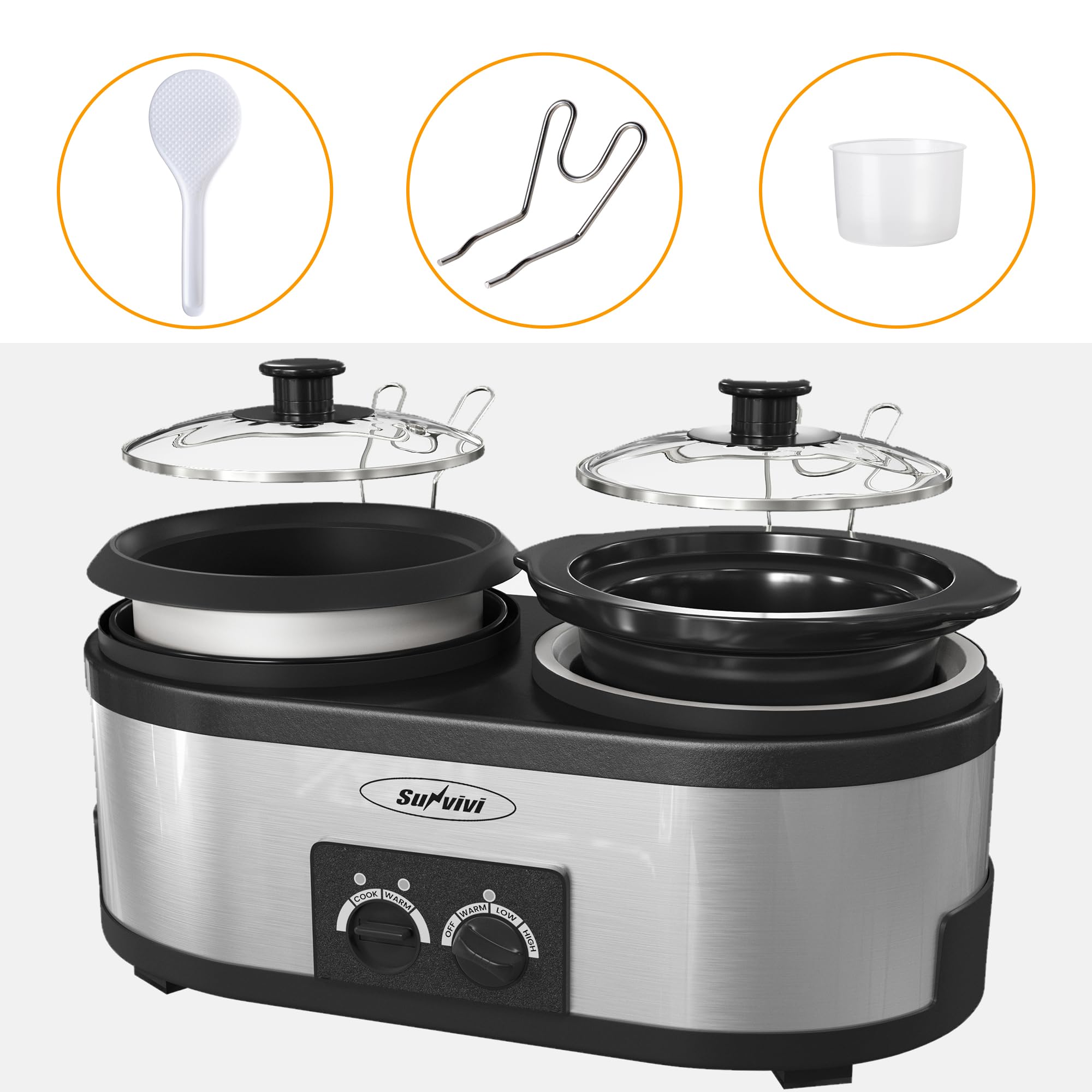 Sunvivi 2 in 1 Slow Cooker and Rice Cooker, Multi Slow Cooker with 1.5 QT Ceramic Pot & 3 Cup Rice Cooker, Non-Stick Aluminum Pot & Indicator Lights, Dual Control Knob, Stainless Steel