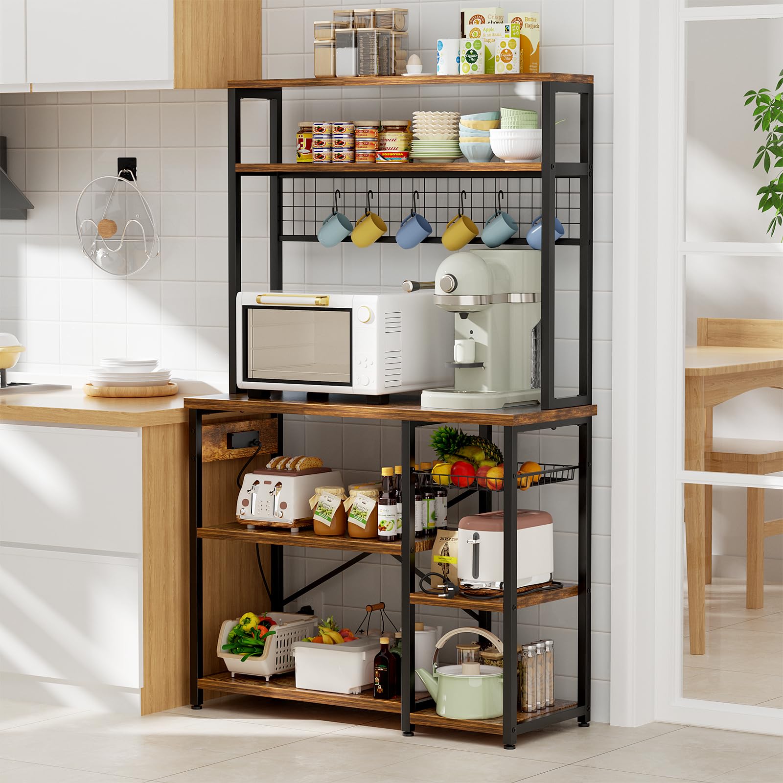 ROOMTEC Baker's Rack with Power Outlet, Microwave Stand with Storage, Kitchen Free Standing Baker Racks and Shelves with 6 S-Shaped Hooks