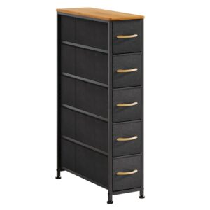 eknkozy narrow dresser storage tower with 5 drawers, slim dresser chest of drawers with steel frame, wood top, dresser for bedroom, bathroom, small spaces, laundry, closet, black