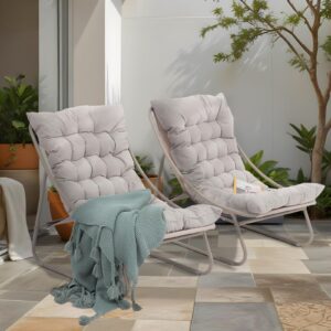 Olaterior Patio Lounge Chair Set of 2, Indoor Outdoor Comfy Chair, Sling Recliner Chair with Cushion, Modern Oversized Padded Lounge Chair, Patio Furniture Set for Balcony Porch Garden, Champagne