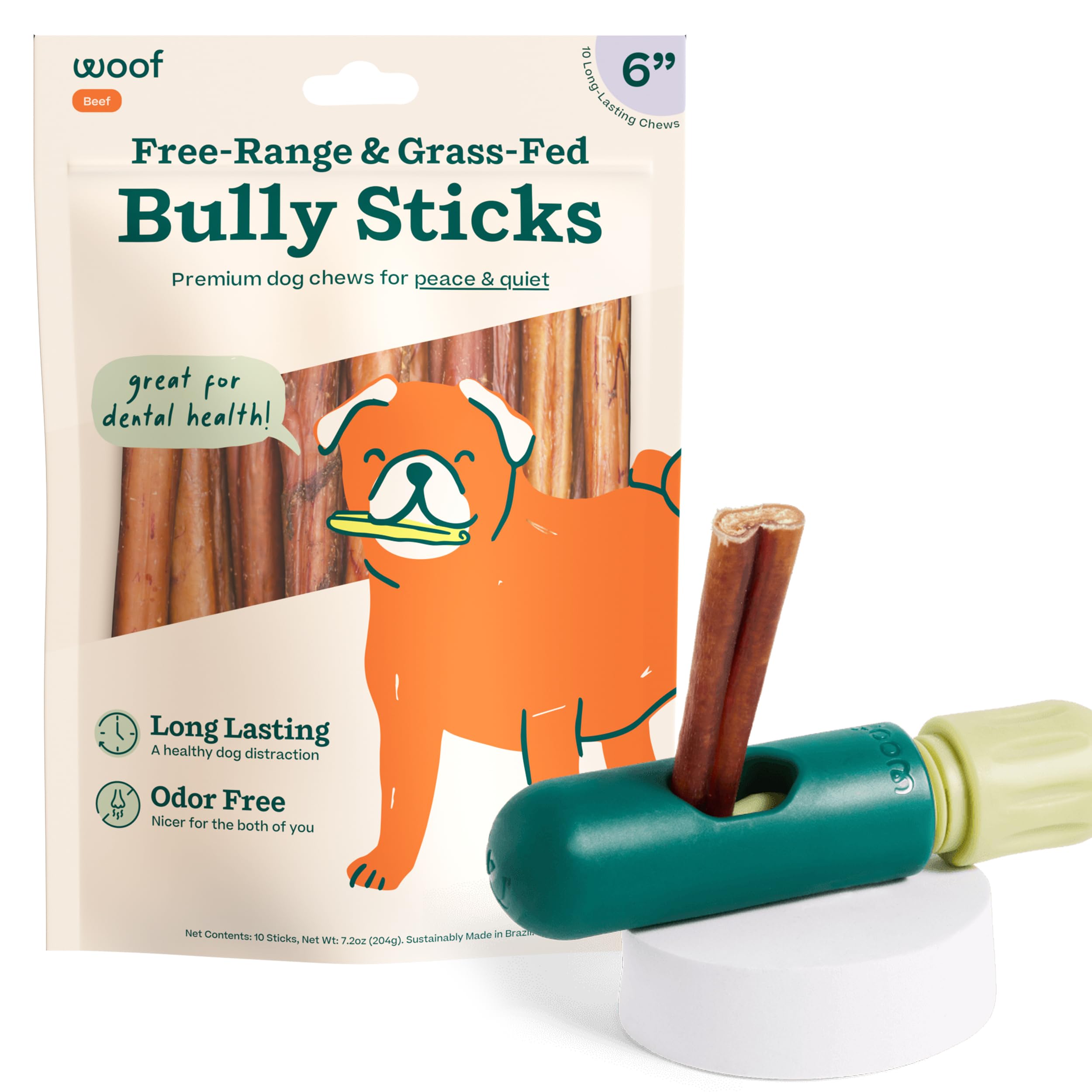 WOOF BullySafe and Bully Sticks - Nutritious Chew Sticks for Dogs and Bully Stick Holder for Safe, Long-Lasting Play - No More Swallowed Ends - 6" Sticks - 10 Pack