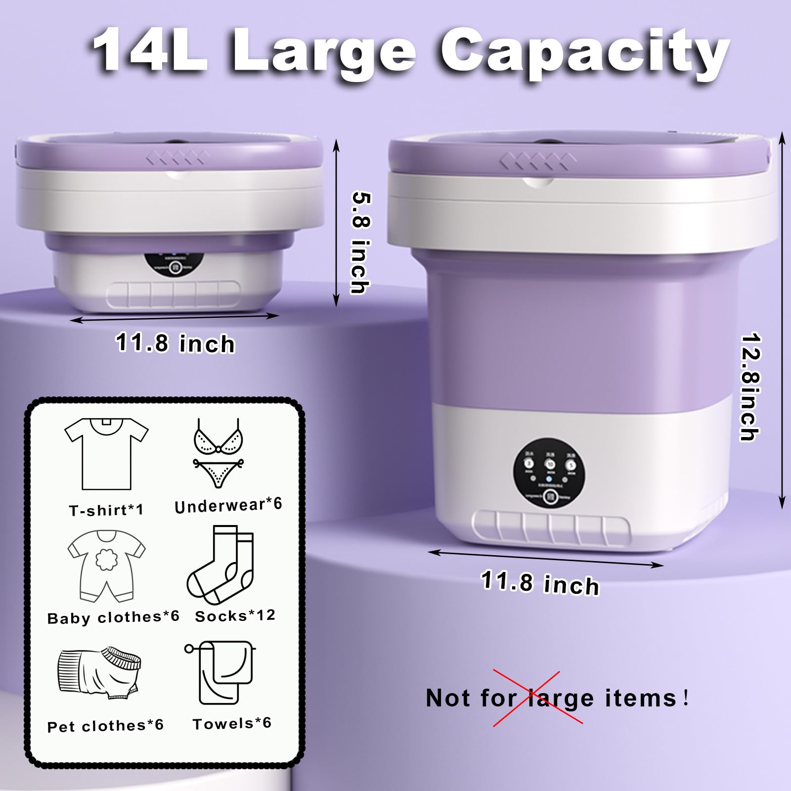 Foldable Washing Machine, 14L Portable Mini Washing and Dryer Machine, Collapsible Small Washer with Spin for Travel,Apartment, Socks, Baby Clothes (Purple)