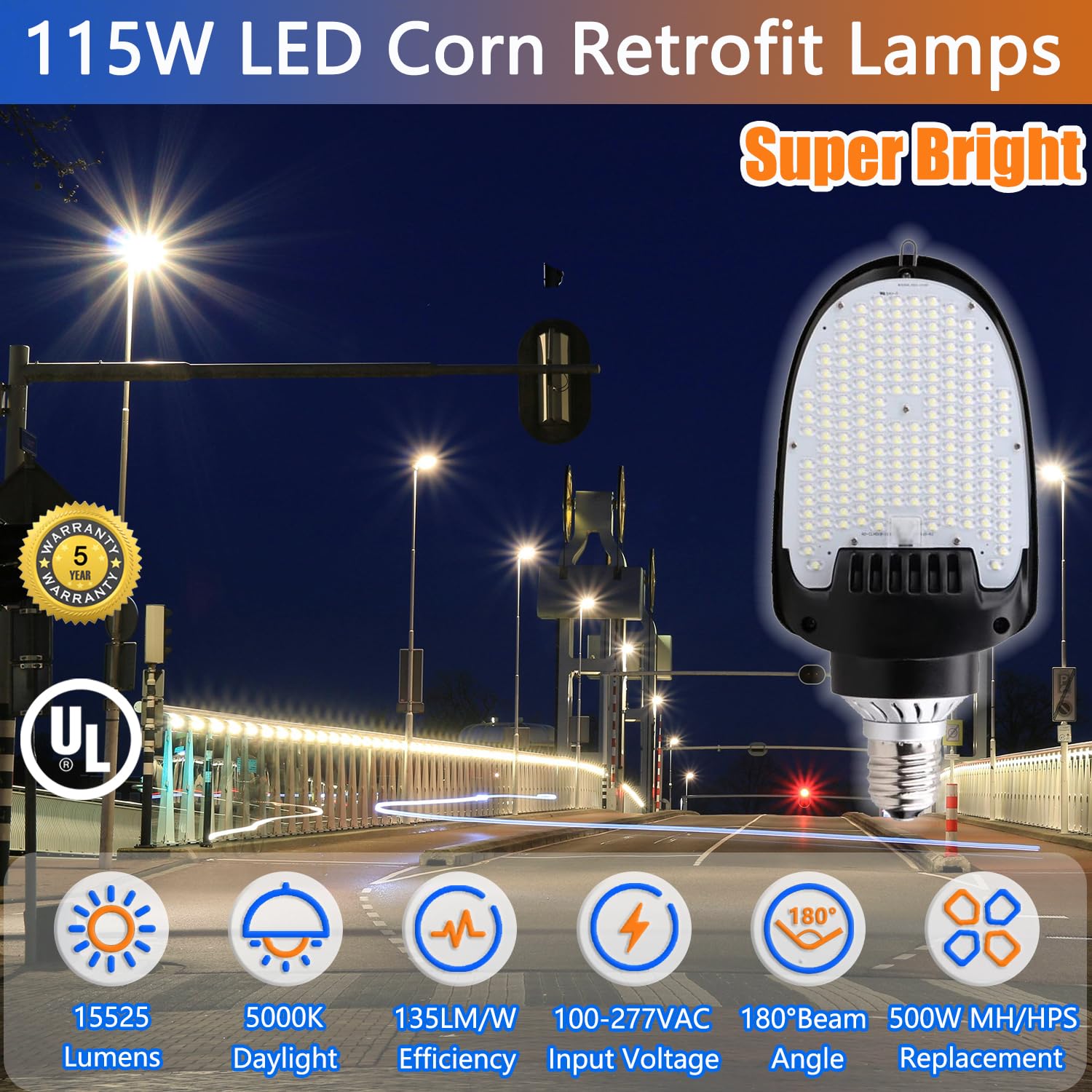 115W LED Shoebox Corn Retrofit Lamp, 16100LM 5000K LED Retrofit Corn Light Bulb Rotatable E39 Mogul Base, 180° LED Paddle Bulb (500W MH Equiv.) for Parking Lot Wall Pack Flood Lighting Fixture (4)