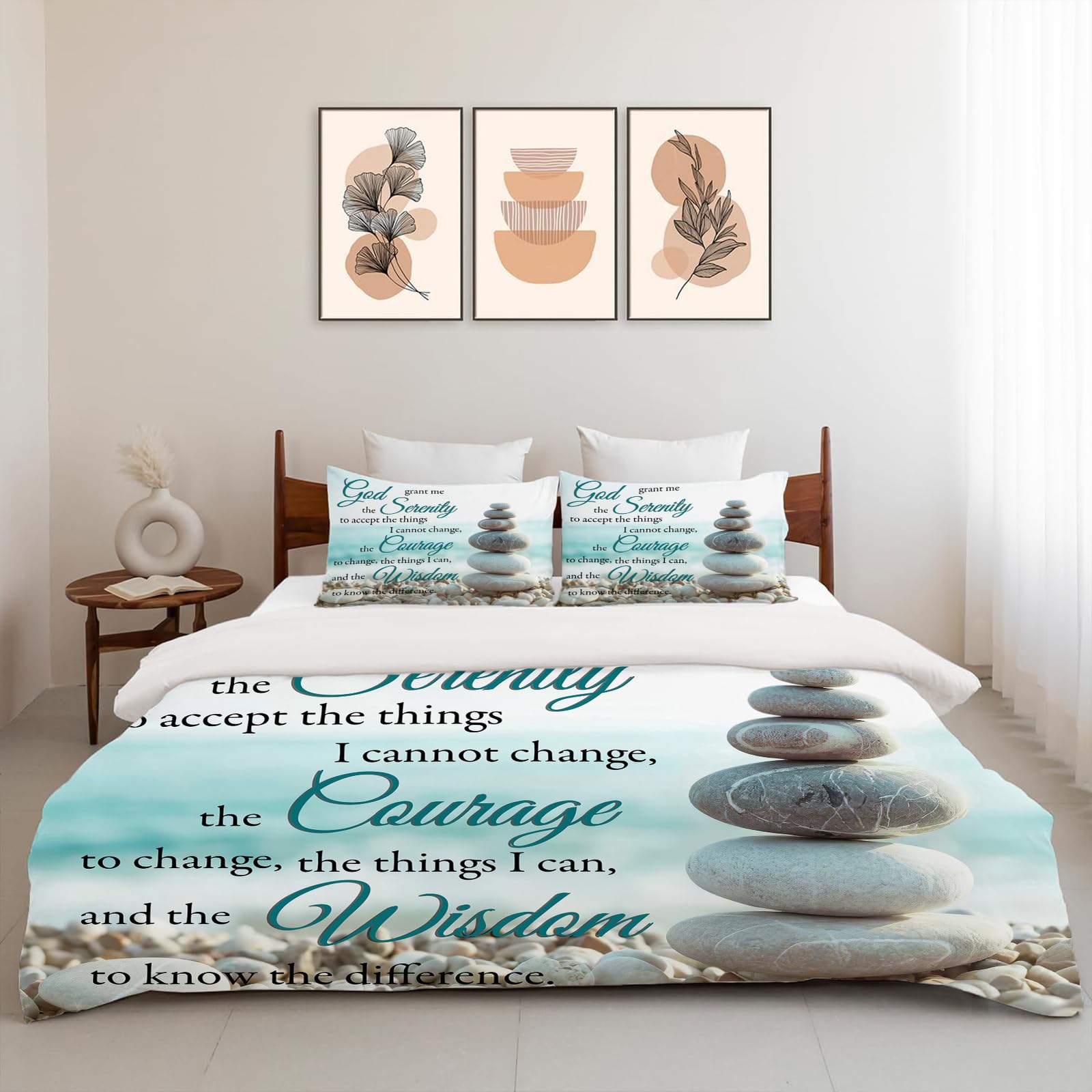 jamie world Beach Serenity Prayer Bedding Set Twin Full Queen King Size Christian Stone Duvet Comforter Cover Peace Cozy Quilt Cover Decorative Soft Bed Sets with 2 Pillowcases for Kids Adults