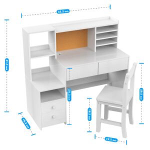 OZMSHF 43 * 20 Inch Kids Desk and Chair Set, Wooden Children School Study Table with Hutch and Storage Cabinet for 3-8 Years Kids, Student's Study Workstation with Bulletin Board, White