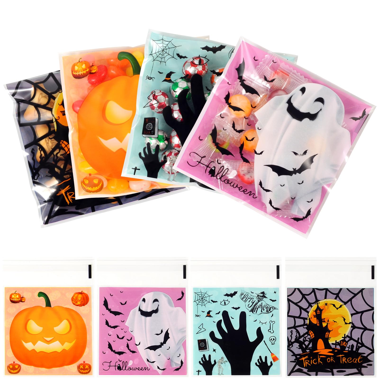 HiloPack 4"x4" Halloween Treat Bags - 50Pcs Self Adhesive Cookie Bags Halloween Candy Bags Halloween Goodie Bags Trick or Treat Goodie Bags for Halloween Party Favor Supplies Decorations (Gift Bags)