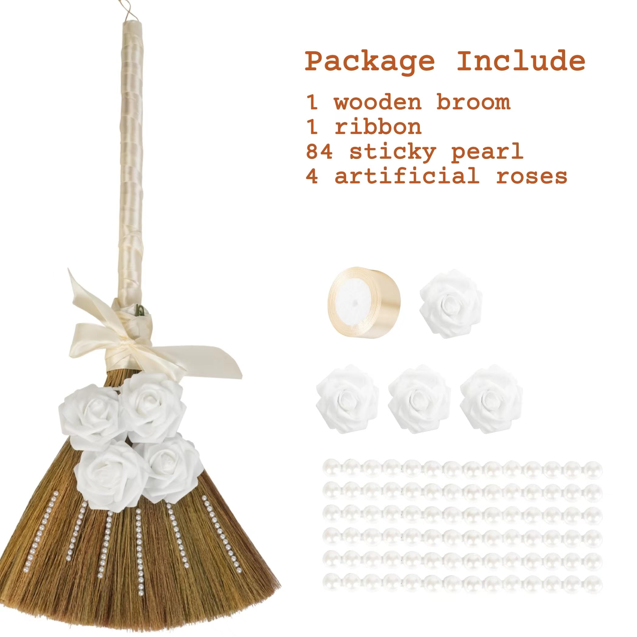 Wedding Broom for Jumping Ceremony, Decorative Broom DIY with Ribbons Artificial Roses & Sticky Pearl