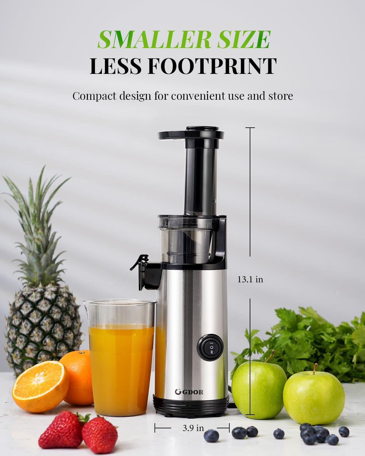 GDOR Compact Juicer Machines, Cold Press Juicer for Fruits & Vegetables, Masticating Juicer with 60NM DC Motor, Slow Juicer with Low Noise, 20 Oz Juice Cup, Easy to Clean, BPA-free,Silver