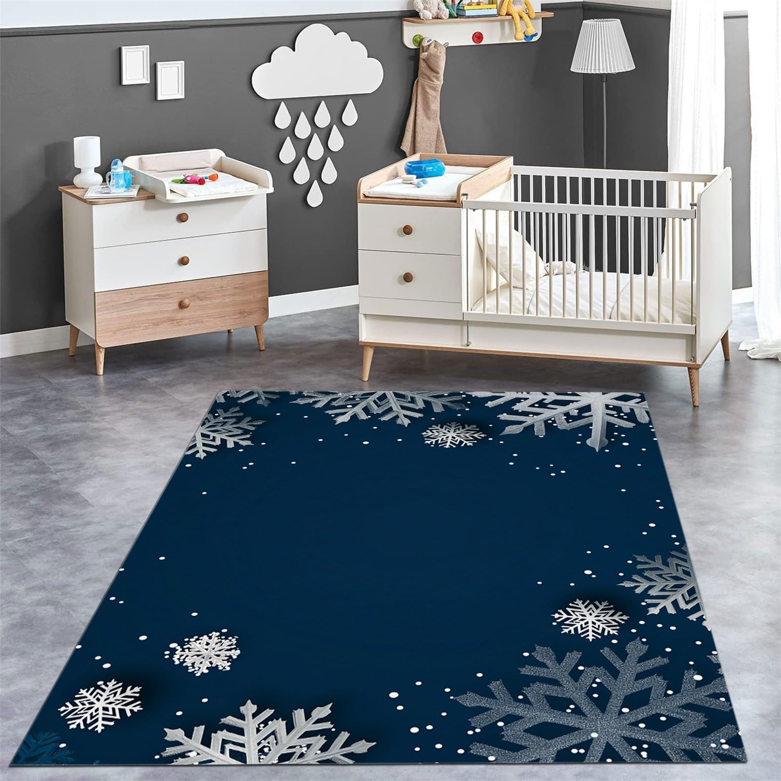 Washable Area Rugs 4x6 ft Carpet, Cartoon Style Snowflake Stripes Print Rugs Dark Blue Stain & Water Resistant Non-Slip, Pet & Child Friendly, Perfect for Living Room, Bedroom, Kids Room