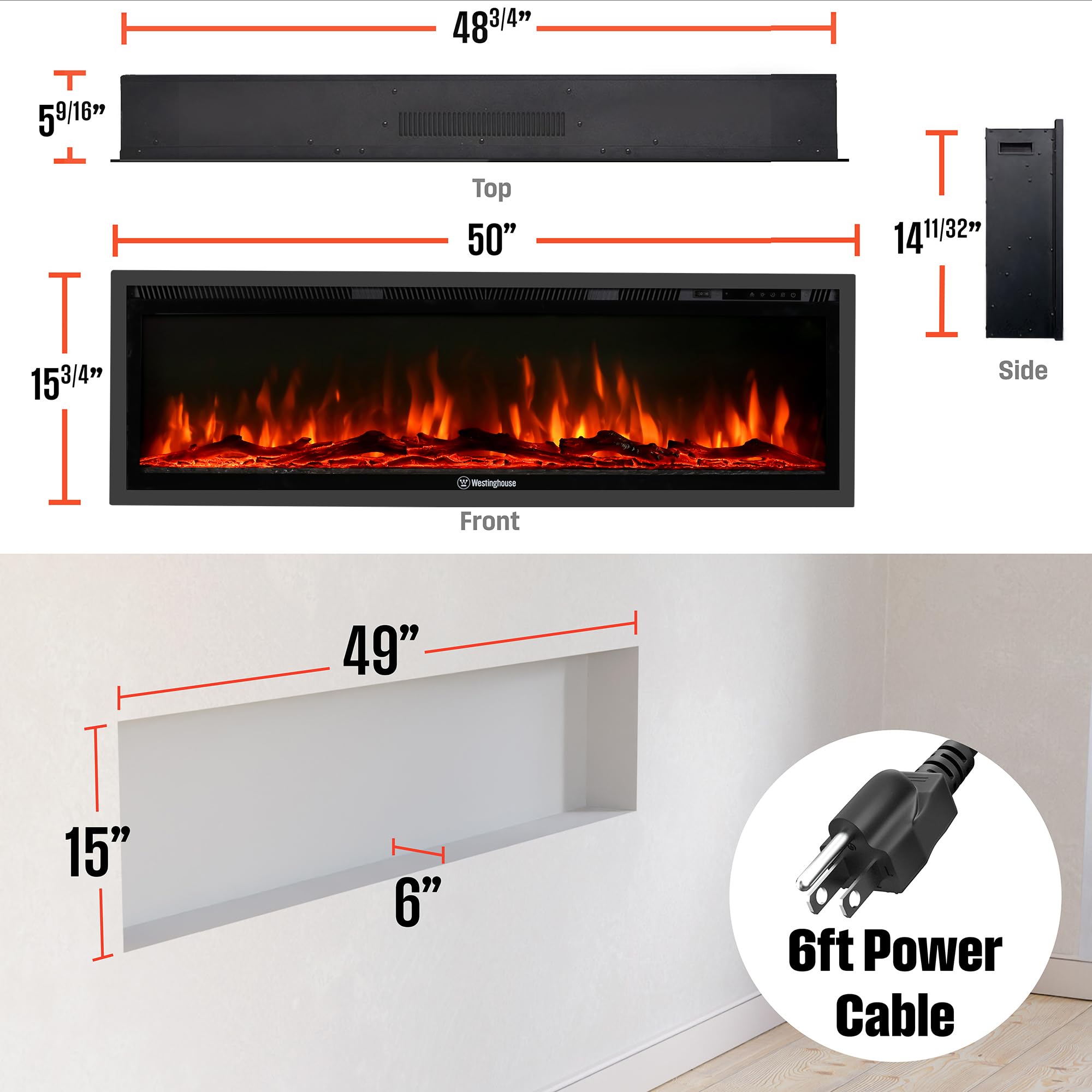 Westinghouse 50 Inch Electric Fireplace Heater, Compatible with Alexa & Google Home, Wall Mount or in-Wall Recessed Fireplace Insert, 24 Hour Timer, Color Changing Flames, 750W/1500W Indoor Heater