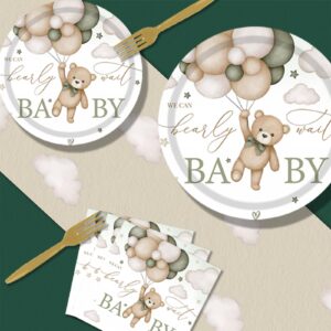 96PCS We Can Bearly Wait Bear Gender Neutral Baby Shower Party Supplies Serves 24, Includes Plates, Napkins, Forks, Green Boho Brown Teddy Bear for Girls Boys Birthday Baby Shower Party Supplies