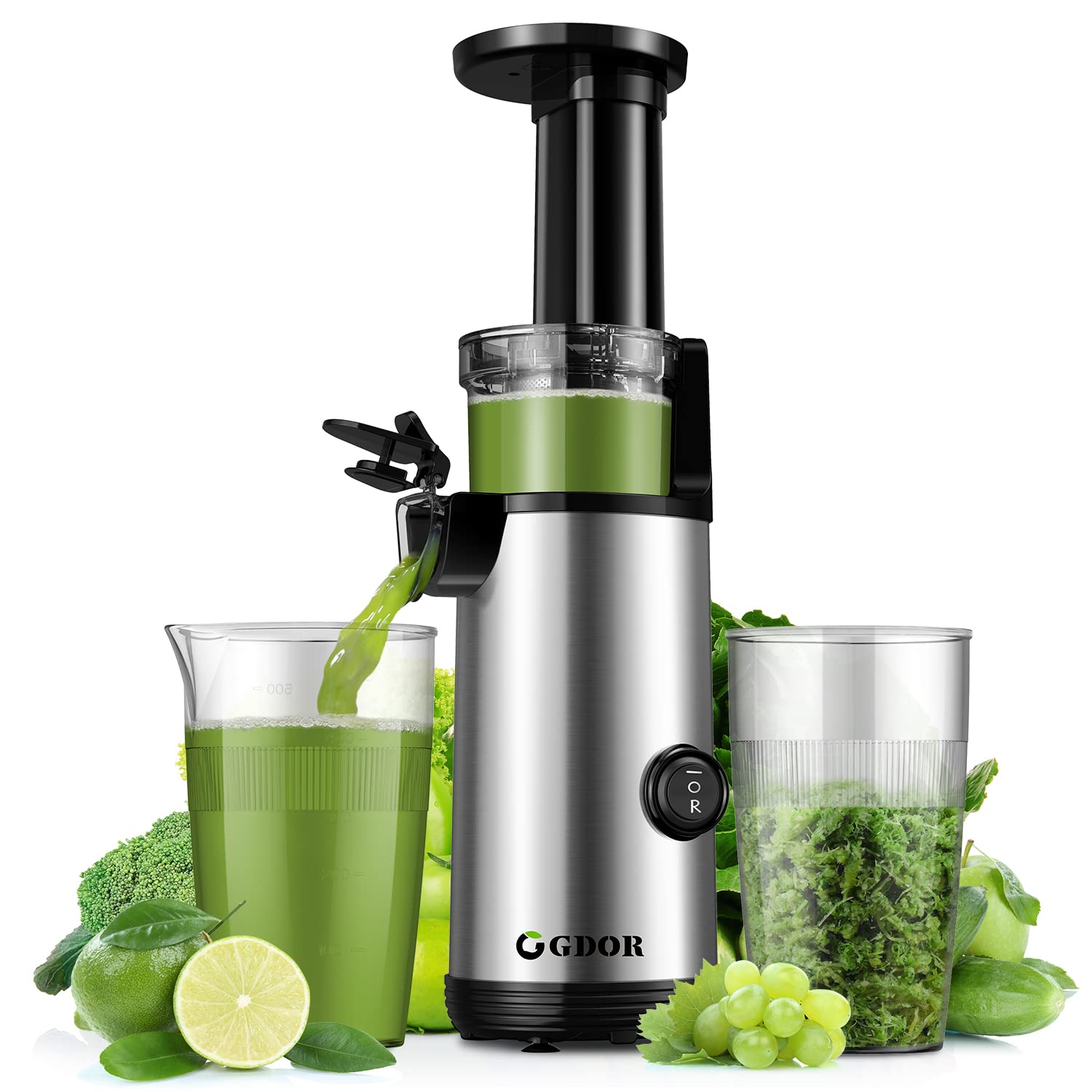 GDOR Compact Juicer Machines, Cold Press Juicer for Fruits & Vegetables, Masticating Juicer with 60NM DC Motor, Slow Juicer with Low Noise, 20 Oz Juice Cup, Easy to Clean, BPA-free,Silver