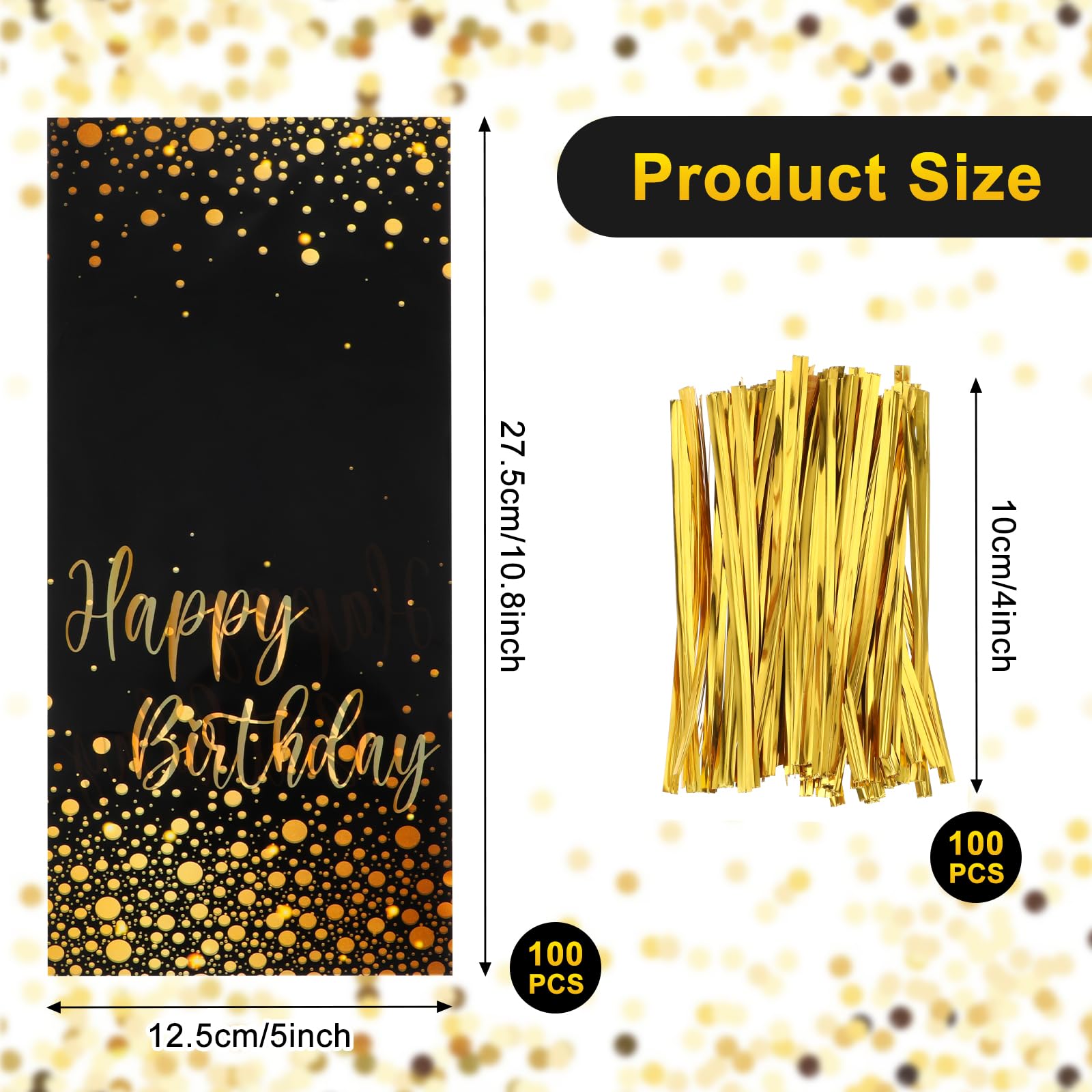 100 Pcs Black Gold Party Favor Gift Bags Plastic Party Treat Bags Foil Dot Candy Goodie Treat Bags with 100 Gold Twist Ties for Kids Birthday Party Supplies