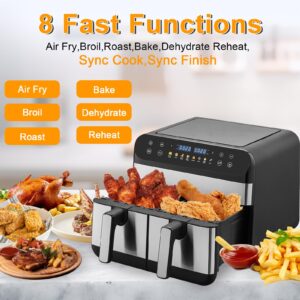 Jacgood Double Air Fryer, 9.5QT With 2 Independent Baskets, Dual Zone Air Fryer, Family Size Healthy Oil-free Air Fryer Oven, with 10 Presets to Bake,Roast,Broil,Dehydrate & More for Quick,Easy Meals