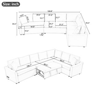 Livavege Convertible Sleeper Sectional Sofa with Pull-Out Bed and Storage Space & Ottoman, Armrest w/USB Ports & Cup Holders, Corner 6 Person L-Shape Couch for Living Room, Office, Apartment