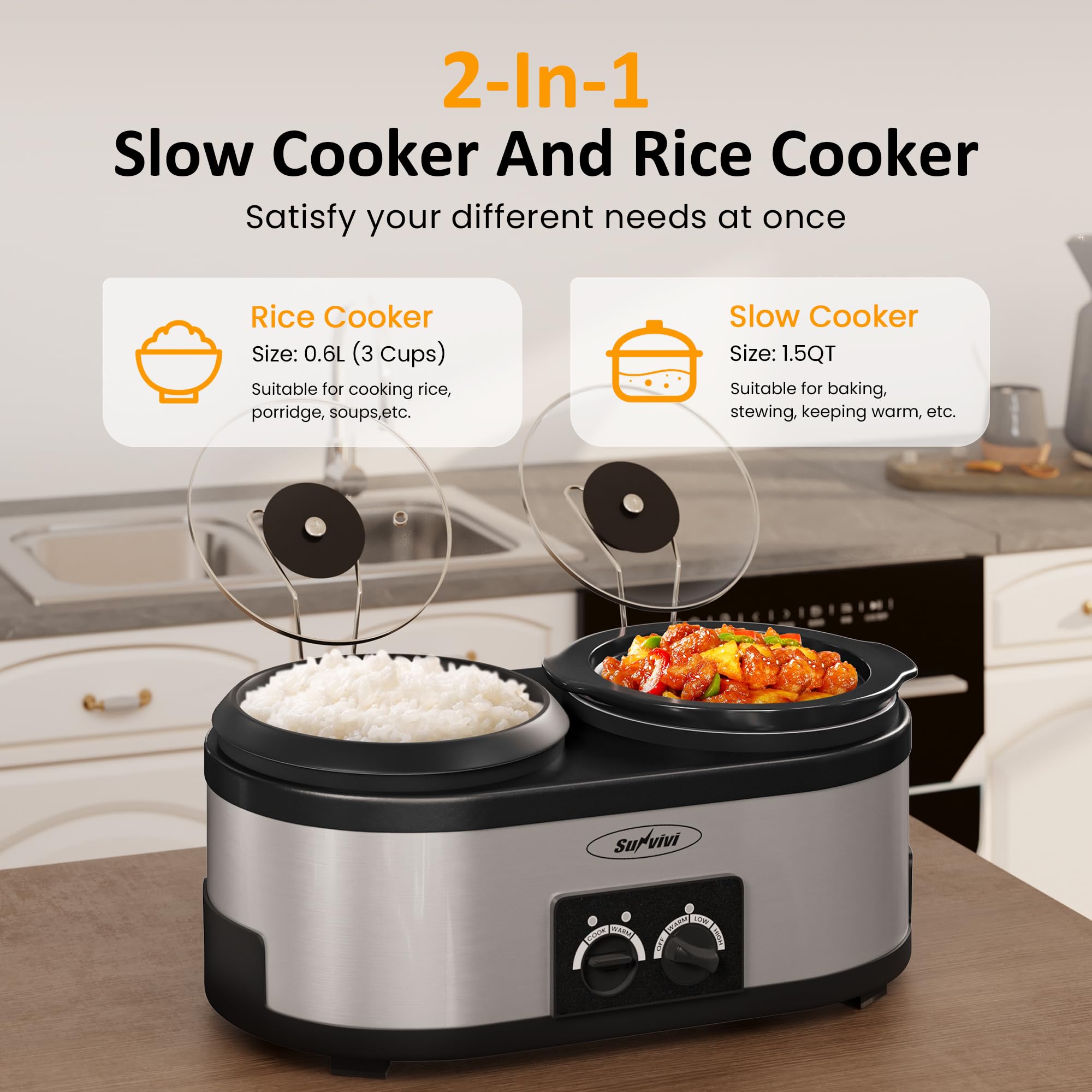 Sunvivi 2 in 1 Slow Cooker and Rice Cooker, Multi Slow Cooker with 1.5 QT Ceramic Pot & 3 Cup Rice Cooker, Non-Stick Aluminum Pot & Indicator Lights, Dual Control Knob, Stainless Steel