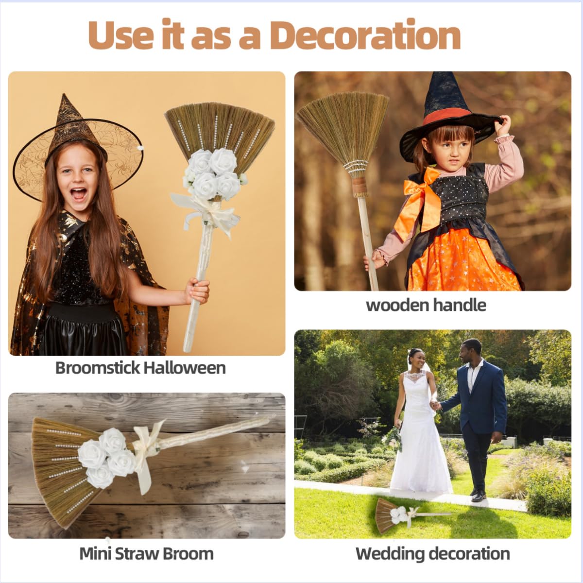 Wedding Broom for Jumping Ceremony, Decorative Broom DIY with Ribbons Artificial Roses & Sticky Pearl