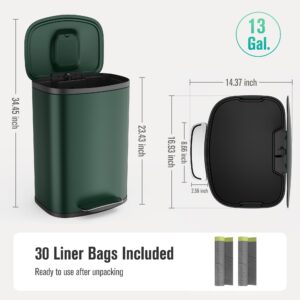 13 Gallon Pedal Trash Can, 50L Stainless Steel Waste Bin with Soft-Close Silent Oval Lid, Add Carbon Compartment Garbage Can for Home, Kitchen, Commercial, Office, Green