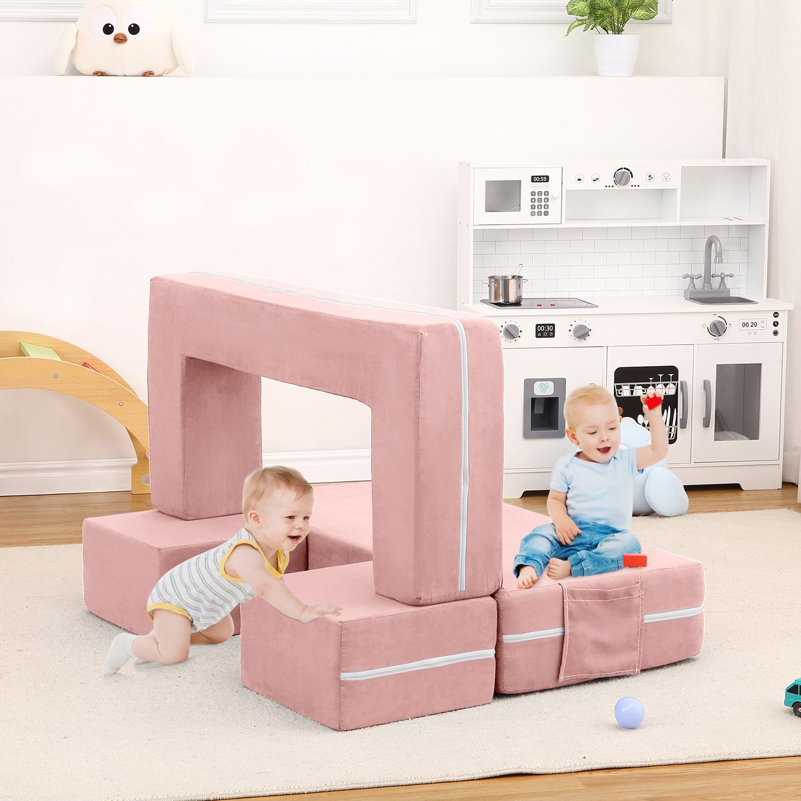 GarveeHome Kids Play Couch, 3Pcs Modular Kids Couch Toddler Couch for Playroom Bedroom Furniture, Convertible Foam Kids Play Sofa with Removable Cover, Pink