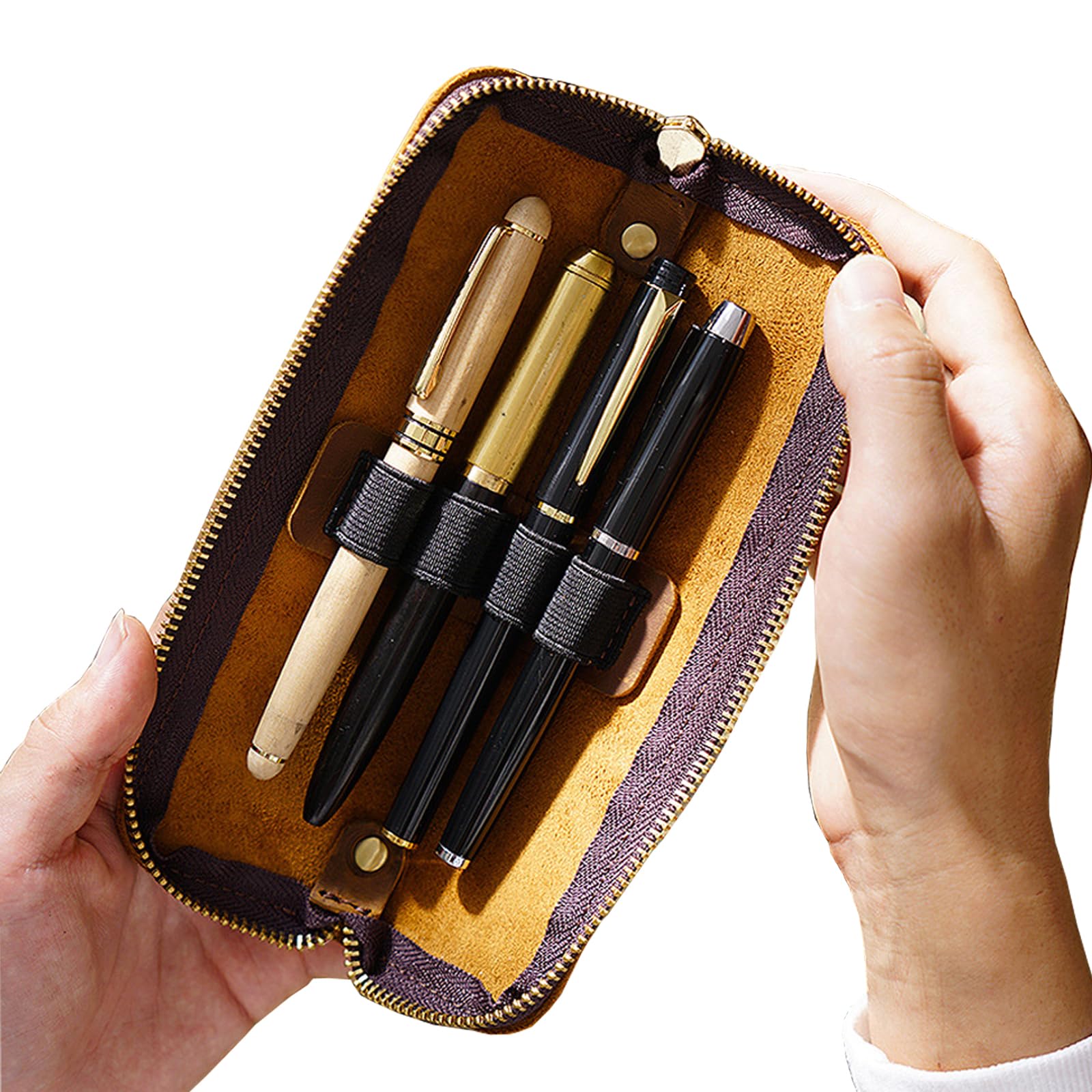 MIVLXLX Leather Pencil Case Organizer with Zipper Mini Portable Pen Bag, Stationery Storage (coffee)