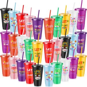 uiifan 30 pcs christian tumbler bulk bible verse plastic tumblers with lids and straw 24oz inspirational religious cups christian gifts for kids christmas sunday school religious party activities