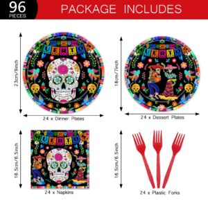 96Pcs Day of The Dead Plates Napkins Mexican Dia DE Los Muertos Party Supplies Tableware Fiesta Sugar Skull Dinnerware for Halloween Party Serve 24 Guests