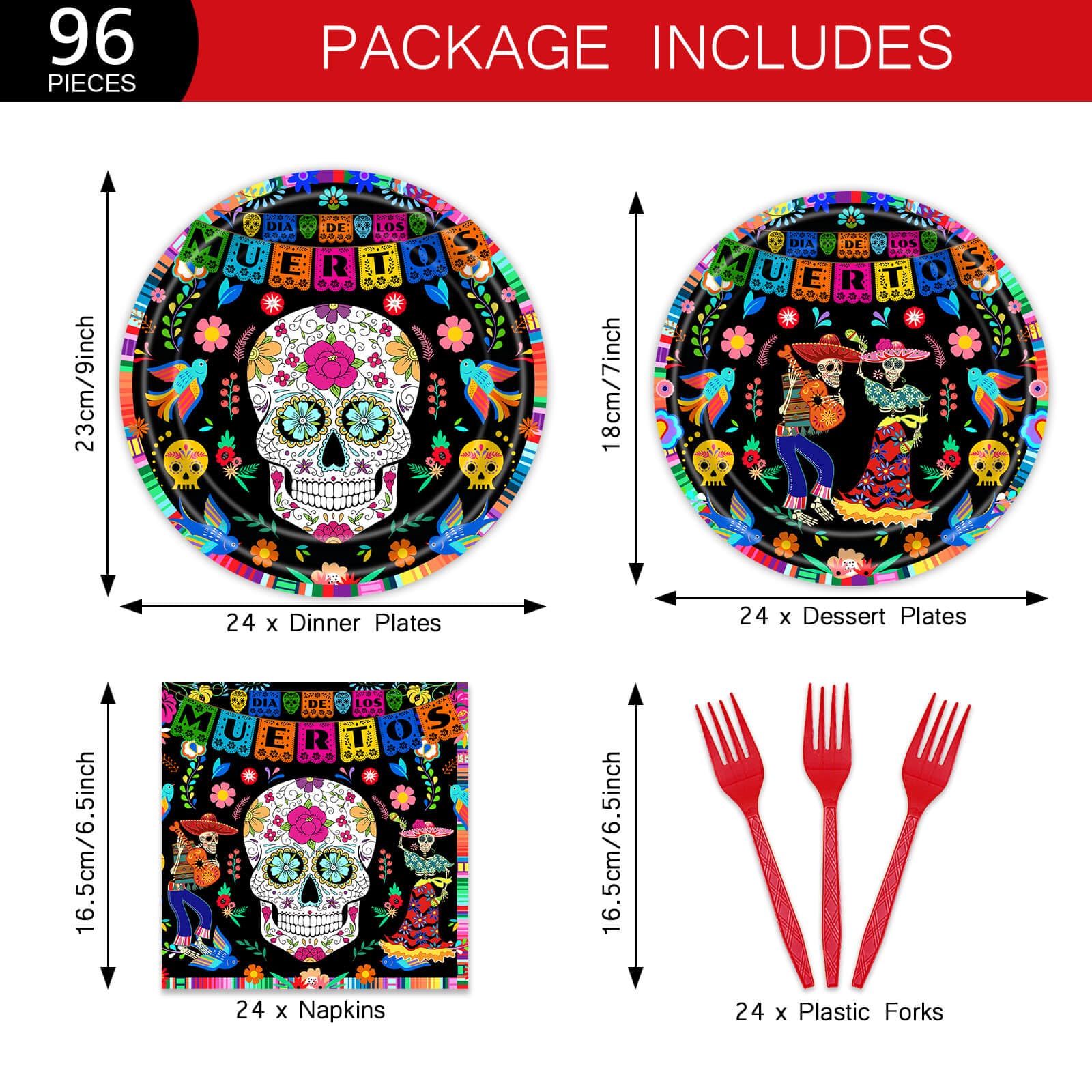 96Pcs Day of The Dead Plates Napkins Mexican Dia DE Los Muertos Party Supplies Tableware Fiesta Sugar Skull Dinnerware for Halloween Party Serve 24 Guests