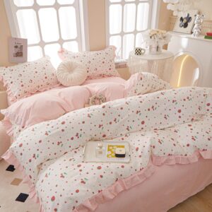 MKXI Strawberry Comforter Set Queen Size Pink White Floral Comforters Kawaii Fruits Artistic Bedding Set Princess Bed Comforter with Ruffles Girls Pink Flowers Bedding Comforter Duvet Set